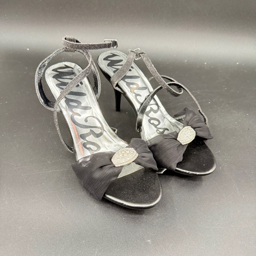 Wild Rose Misa01 Black Strappy Heels Women's Size 10 Rhinestone Chiffon Bow